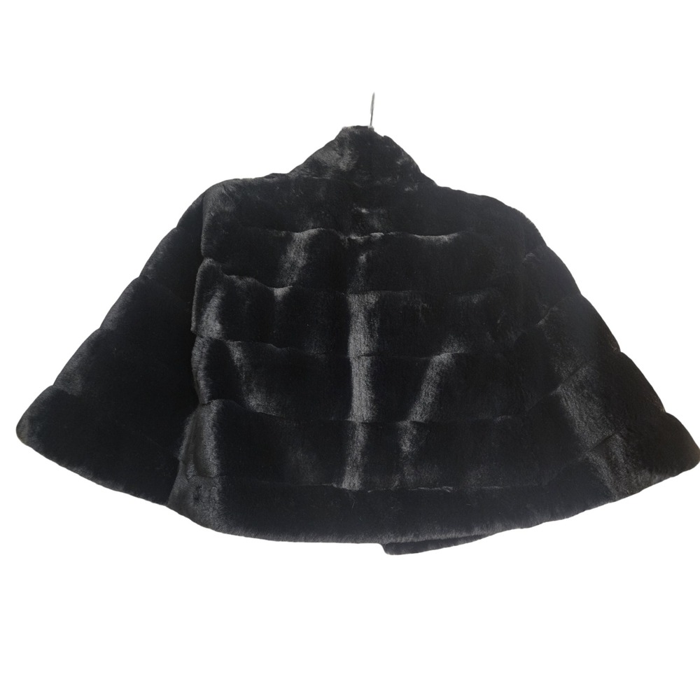 Badgley Mischka Black Faux Fur Capelet Zipper Arm Slits Small Outerwear Wrap - Picture 2 of 7